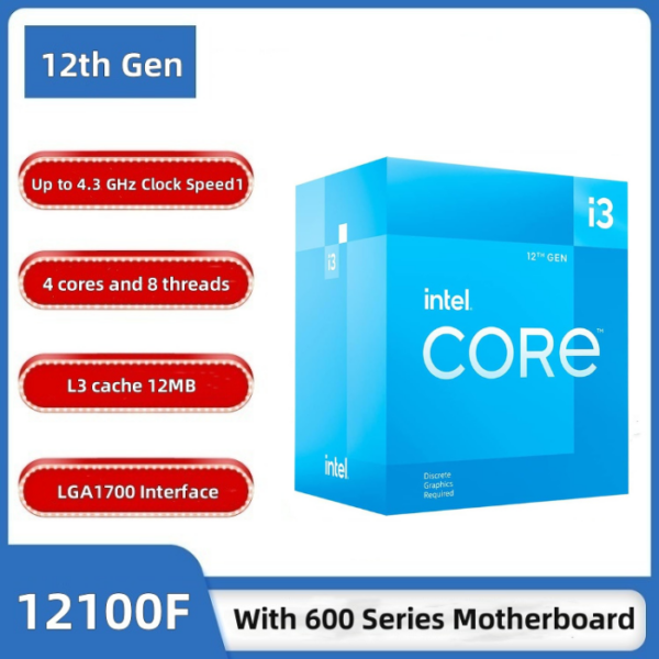 Intel Core 12th Gen i3-12100F Desktop CPU Processor, Featuring DDR5 and DDR4 Support, PCIe Gen 5.0 4.0 Support. Discrete Graphics Required